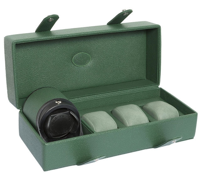 Underwood (London) - 3-unit Watch Storage Case w Single Rotogalbe Watch Winder in Green Leather