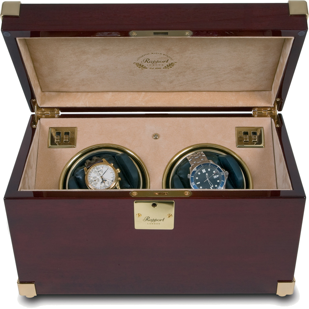 Rapport Captain's Optima Watch Winder Duo in Mahogany/Brass W272 - Watchwindersplus