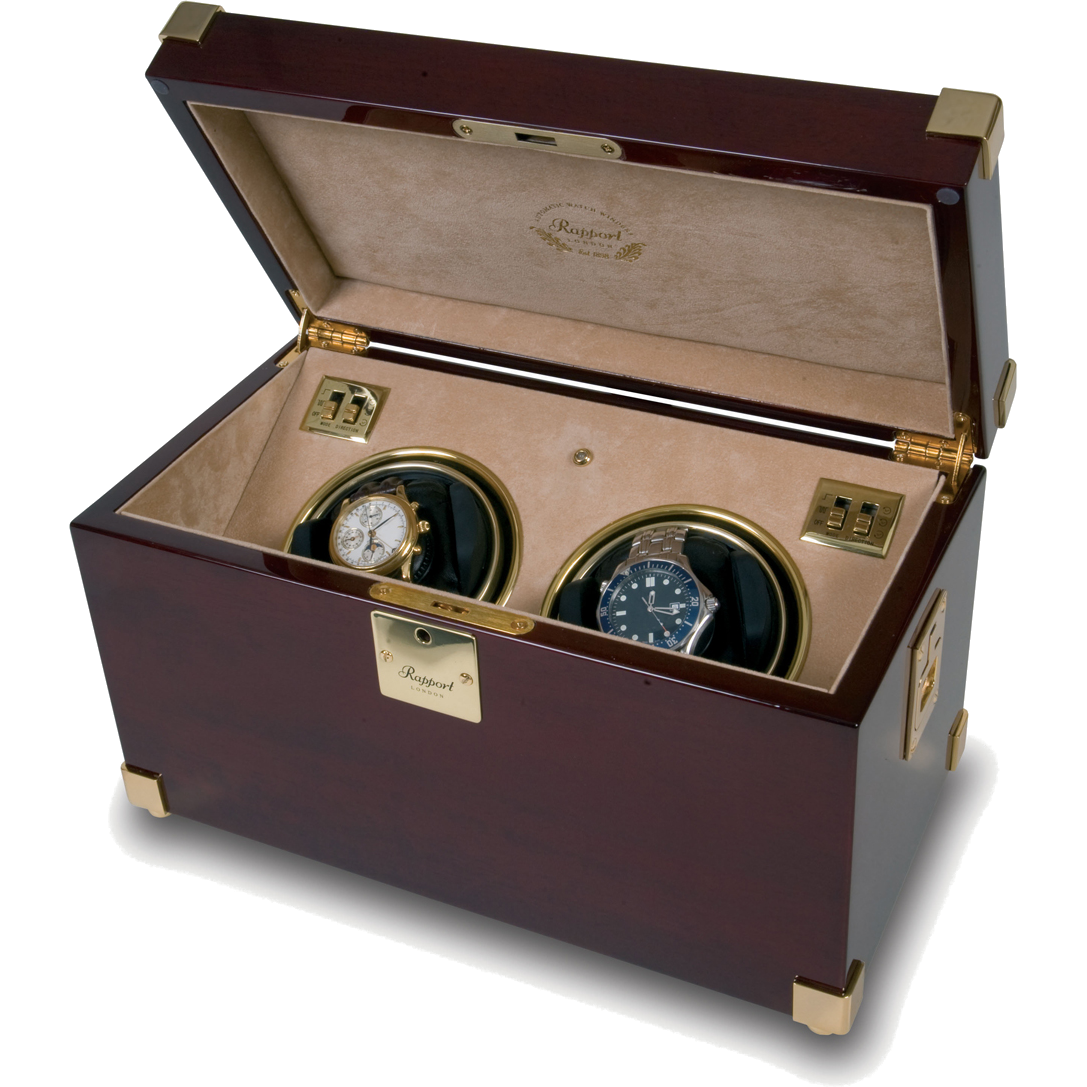 Rapport Captain's Optima Watch Winder Duo in Mahogany/Brass W272 - Watchwindersplus