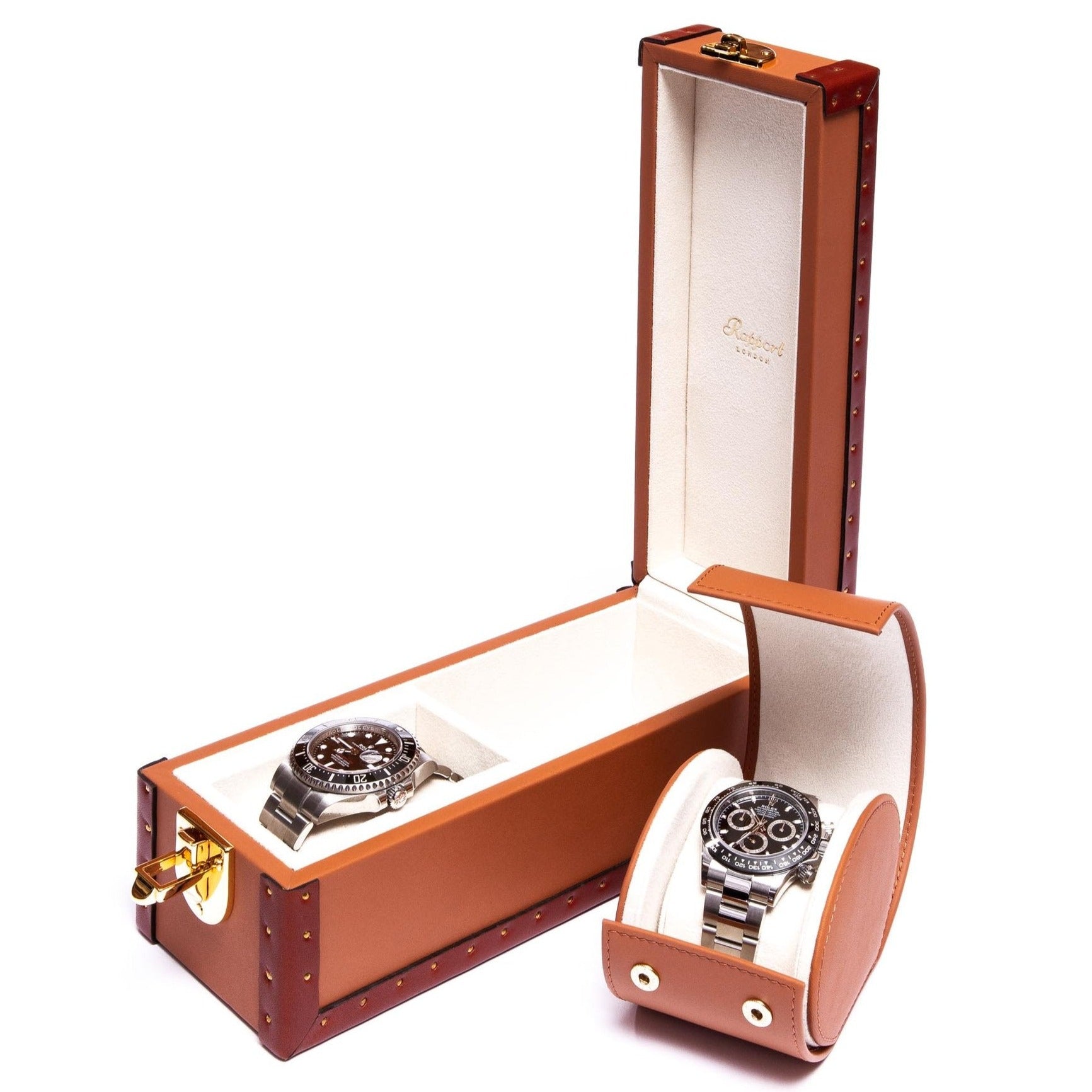 Rapport Kensington Watch Box Double in Tan Leather L325 - Watchwindersplus