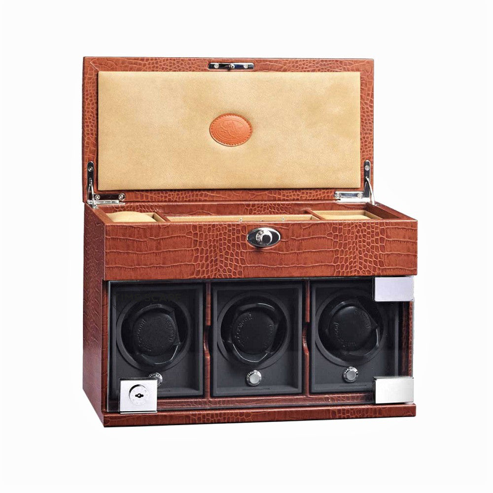 Underwood (London) - 3-Unit Classic Watch Winder w Storage in Brown Croco