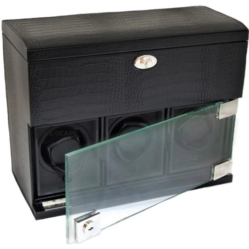 Underwood (London) - 3-Unit Classic Watch Winder w Watch Storage in Black Croco - Watchwindersplus