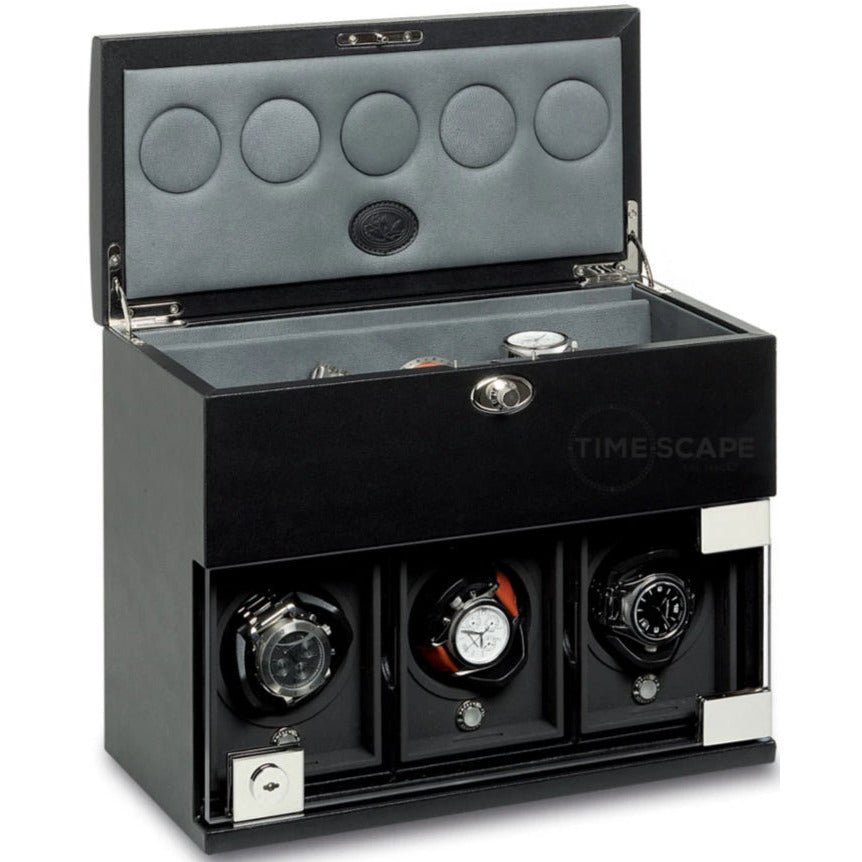 Underwood (London) - 3-Unit Classic Watch Winder w Watch Storage in Black Leather - Watchwindersplus