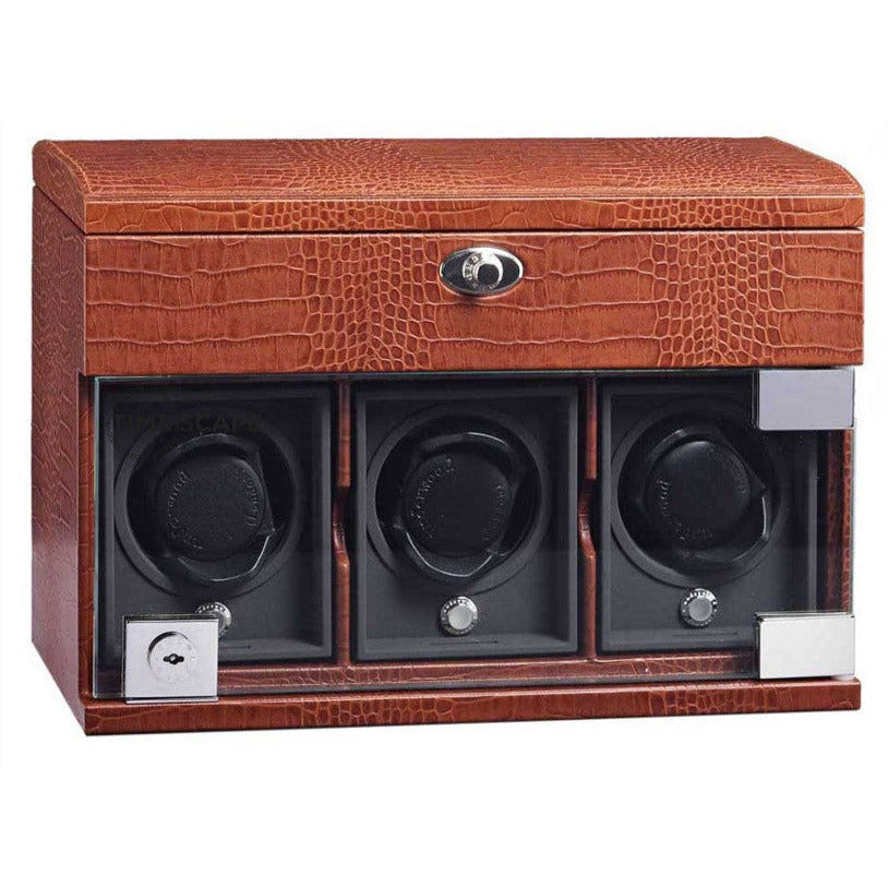 Underwood (London) - 3-Unit Classic Watch Winder w Watch Storage in Brown Croco - Watchwindersplus