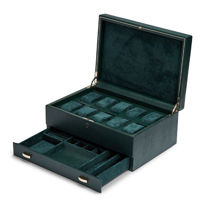 Wolf - British Racing Green 10-Unit Watch Box with storage | 792841 - Watchwindersplus